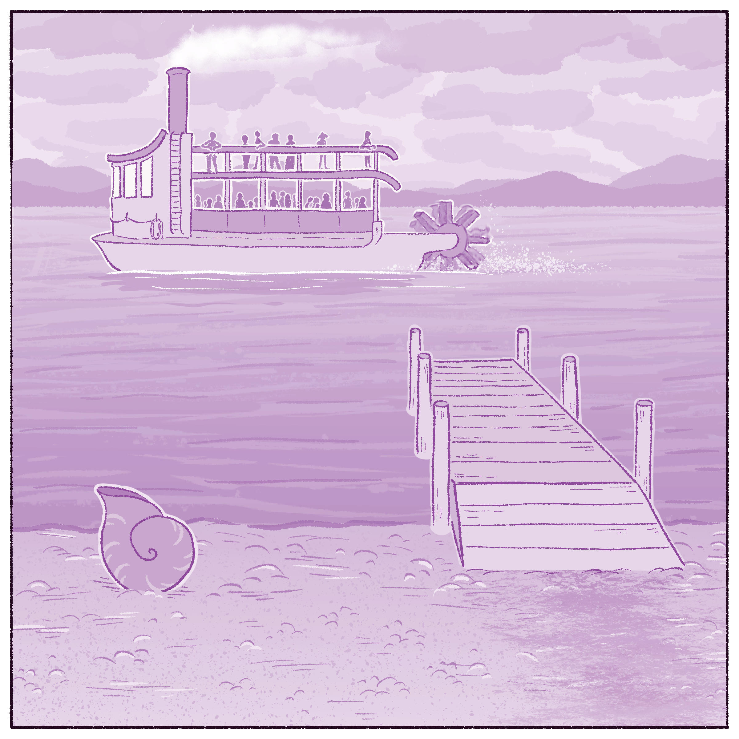 An illustration of a lake with faint mountains in the distance. It is cloudy. A dock extends into the water from the shore on the righthand side of the image. On the lefthand side, on the shore right in front of the waterline, sits a very large shell resembling that of a snail's, round and spiraled. A ferry is going by on the lake. Its pipe emits plumes of steam, and a large, round, paddled propeller extends from the back. It is churning water. The ferry has two open-air decks, a bottom and top deck. The bottom deck is crowded with people. The top deck is less populated.