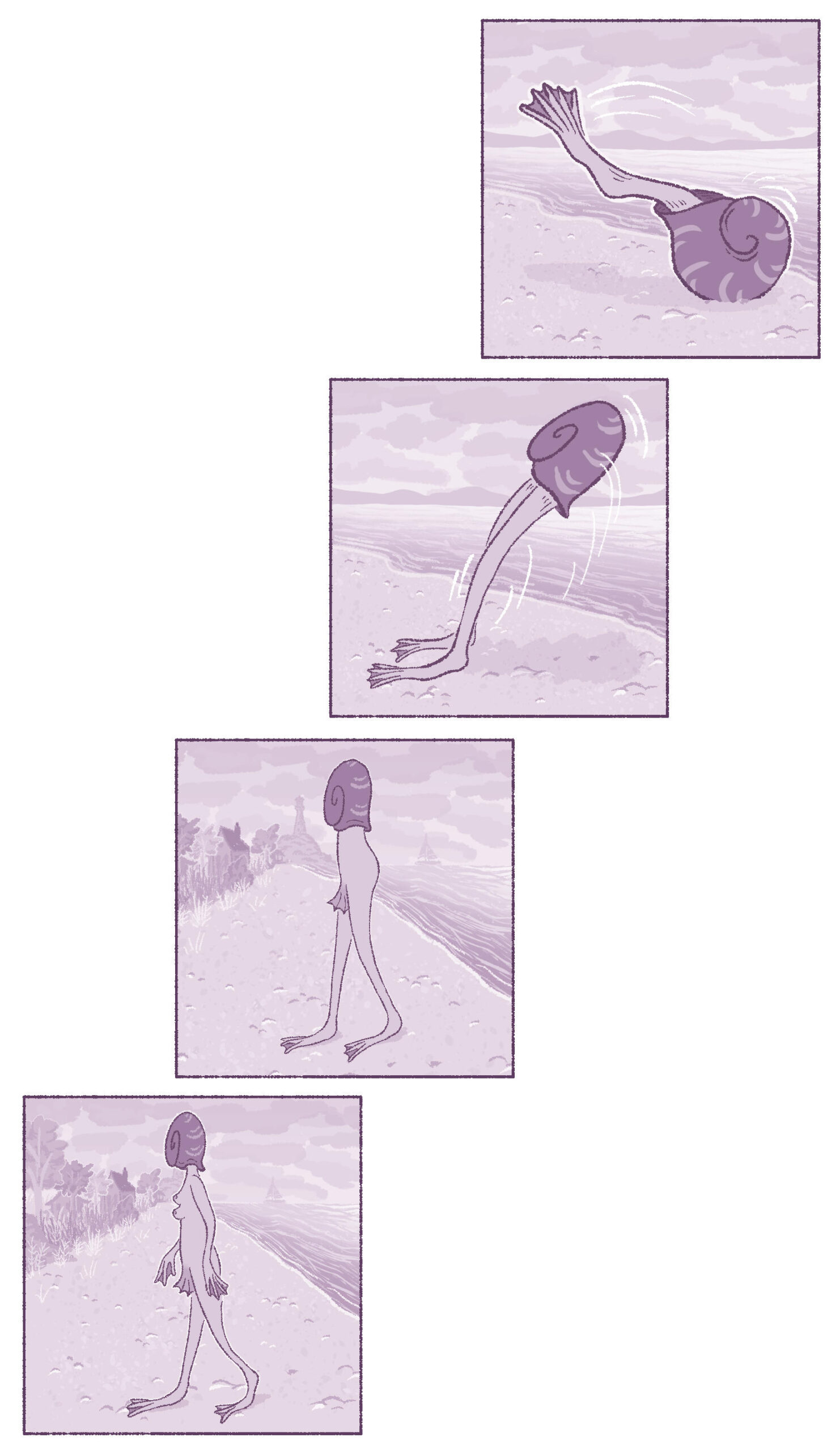 A series of four image panels stack vertically and arranged like a staircase leading up and to the right, with the first panel situated in the top left corner, the image below it shifted to the left a bit, and so on for the other two images.

First panel: zoomed-in Illustration of the large shell from the previous image, sitting on the shore. The lake and clouds are behind it. A webbed foot is emerging from the shell.

Second panel: Two legs are now outside of the shell and are in the process of standing up.

Third image: The legs are walking, and a butt and bottom half of a torso have emerged from the shell. A flap of webbed skin protrudes from the crotch.

Fourth image: The figure continues walking along the lakeshore away from the water, and arms with webbed hands and two stacked breasts have emerged from the shell. A neck extends up into the shell's opening.