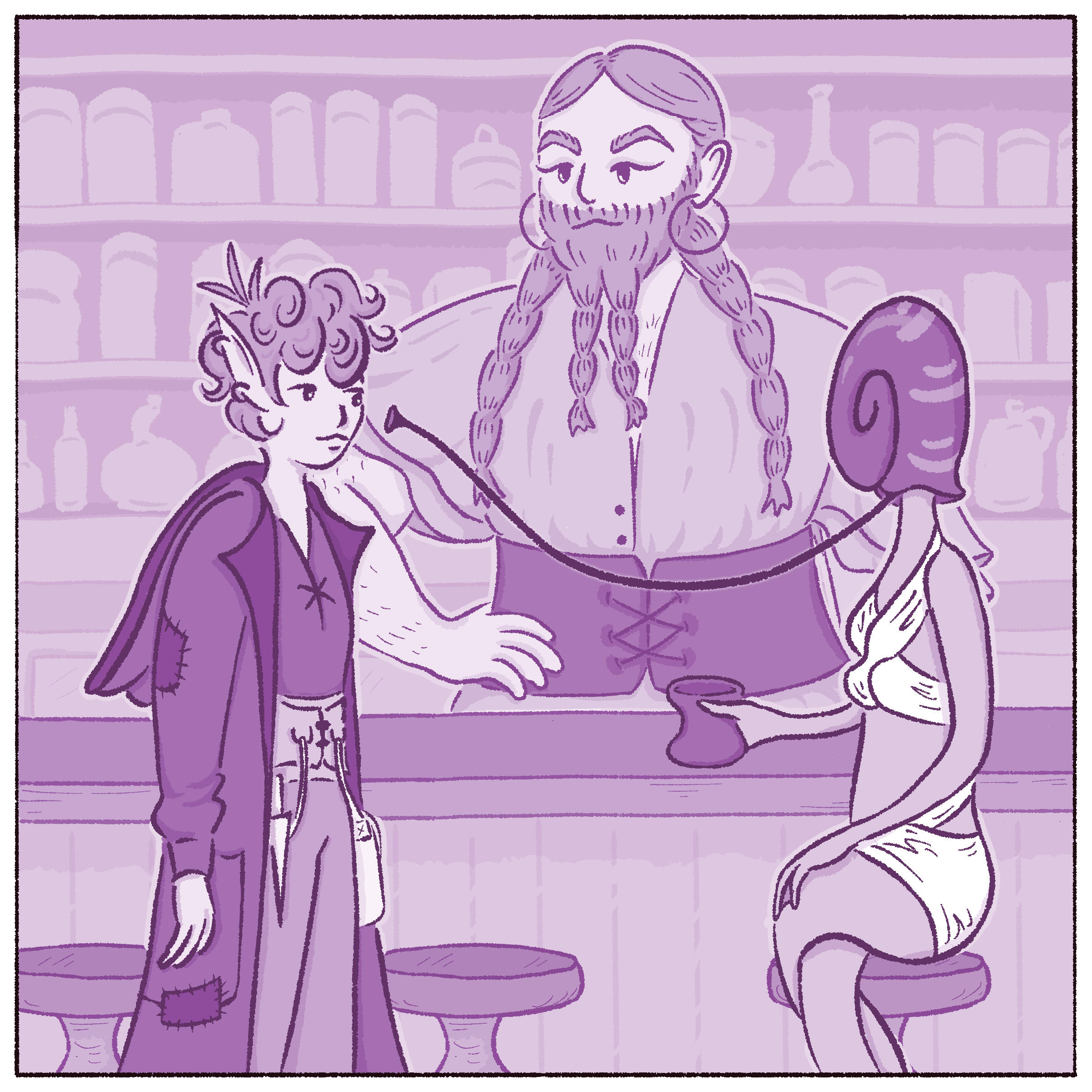 An illustration of, from left to right, Clove, Betula, and Serin the shell-headed person. They are at the bar counter at Betula's Vittles & Inn, and the scene is situated on the patron side of the counter. Three stools sit below the counter, and Serin is sitting on the far right stool with her legs wound around one another. She has a white strip of fabric wrapped around her four breasts and criss-crossing dow her back to wrap around her hips. Here hands are webbed, and she has a snail shell where one's head would be, with her neck disappearing into the opening of the shell. She is holding a cup which is resting on the counter. Betula is behind the counter with a hand on her hip. Betula is a tall, wide woman with medium-shaded straight hair, light skin, and rounded ears. She is all-around a hairy person, with a thick beard braided into two lengths at her chin, thick eyebrows, chest and arm hair, and her straight hair is braided into two lengths laying down over her chest. She has hoop earrings and winged eyeliner. She is wearing a dress with flowy sleeves that reach her elbows, and the front comes together with bottoms, styled in a rather plunging manner. A dark, wide corset belt cinches the flowy dress at her waist. Behind Betula are shelves of bottles and jars. Clove is standing on the left side of the image, her and Serin are facing on another. Clove is a short, thin woman with light skin and short, messy curly hair of a medium shade. She has pointed ears and her curly bangs fall into her face. She is wearing a long, dark jacket with a hood and a couple of patches on it, and a wide belt at her waist from which hangs a strap of throwing knives on her right side, and on her left side a satchel hangs from a strap attached to the belt. She is wearing a dark shirt with a low V collar that is sinched together at her chest. She is wearing fitted pants of a medium shade. A long, thin proboscis extends from the opening of Serin's shell at her neck, and the end is held to Clove's face. Clove is simply watching, expressionless and seemingly not fazed.
