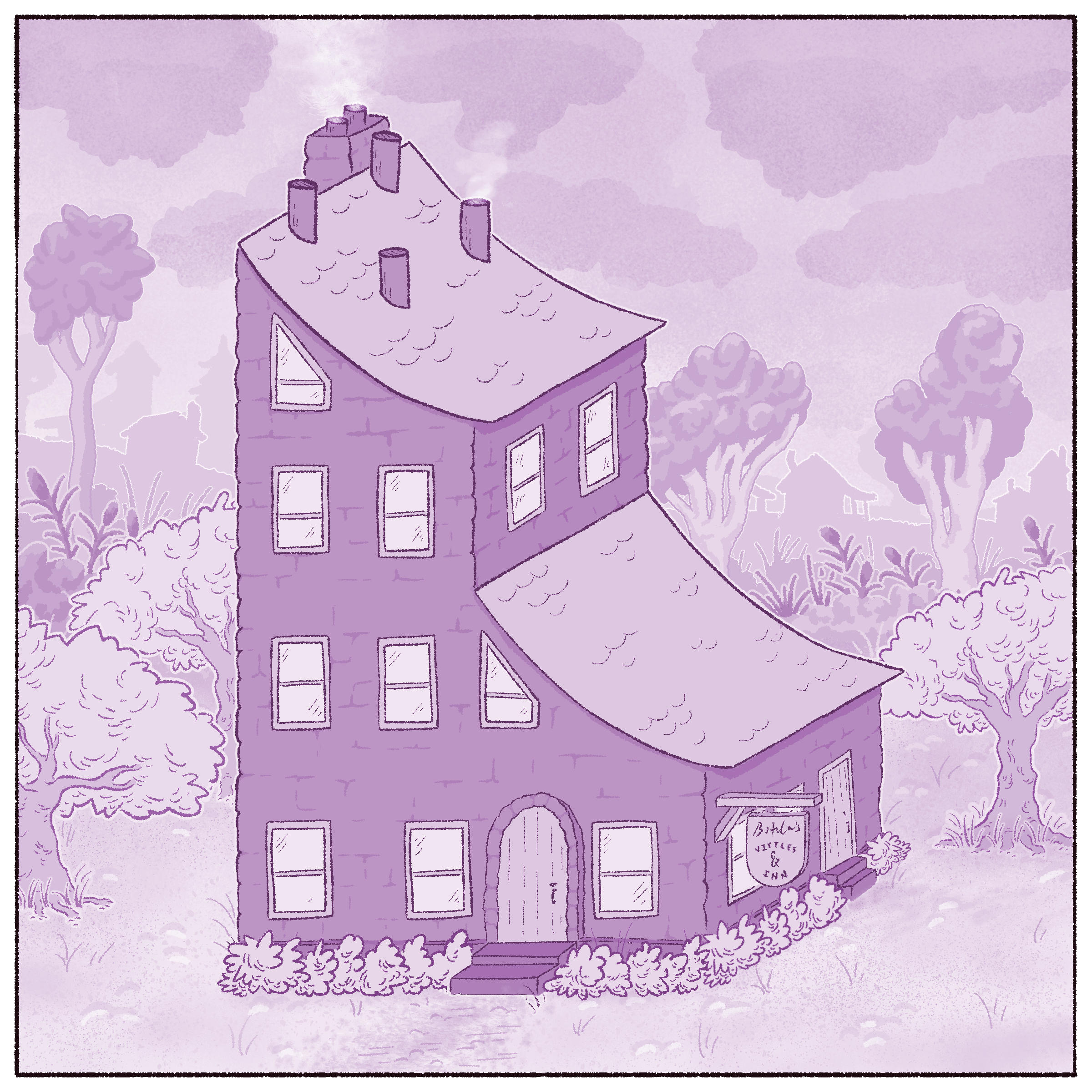 Illustration Betula's Vittles & Inn, which is a tall brick building. The Left half of the building is taller with four floors, and the right half of the building is shorter, encompassing only the bottom two floors. There is a slanted, curved roof on each staggered half of the building. The taller portion has three small chimney pipes protruding upward, with a large brick chimney just peaking over the left side of the roof, attached to the lefthand wall which is out of view with this perspective. This chimney has light smoke puffing from the top. There is a swinging sign attached to the righthand side of the building, at ground level. Each floor has rectangular windows, though there are two triangular windows at each slant of each roof. There is a main entrance wooden door on the ground floor with a rounded top, and there is a rectangular door on the righthand side of the building. The foundation of the building is lined with low-growing shrubbery. A worn path leads up to two steps leading to the front door. Tufts of grasses surround the building, and there are a few short scraggly fruit trees on either side of the building, with voluptuous foliage. Beyond the building, in the background, there is a point where manicured landscape meets an expanse of wild growth, with a few trees and low-growing leafy plants and reeds. Beyond this are the silhouettes of buildings and houses, which are the main cluster of Yonderwood village. It is overcast, with patches of clouds.